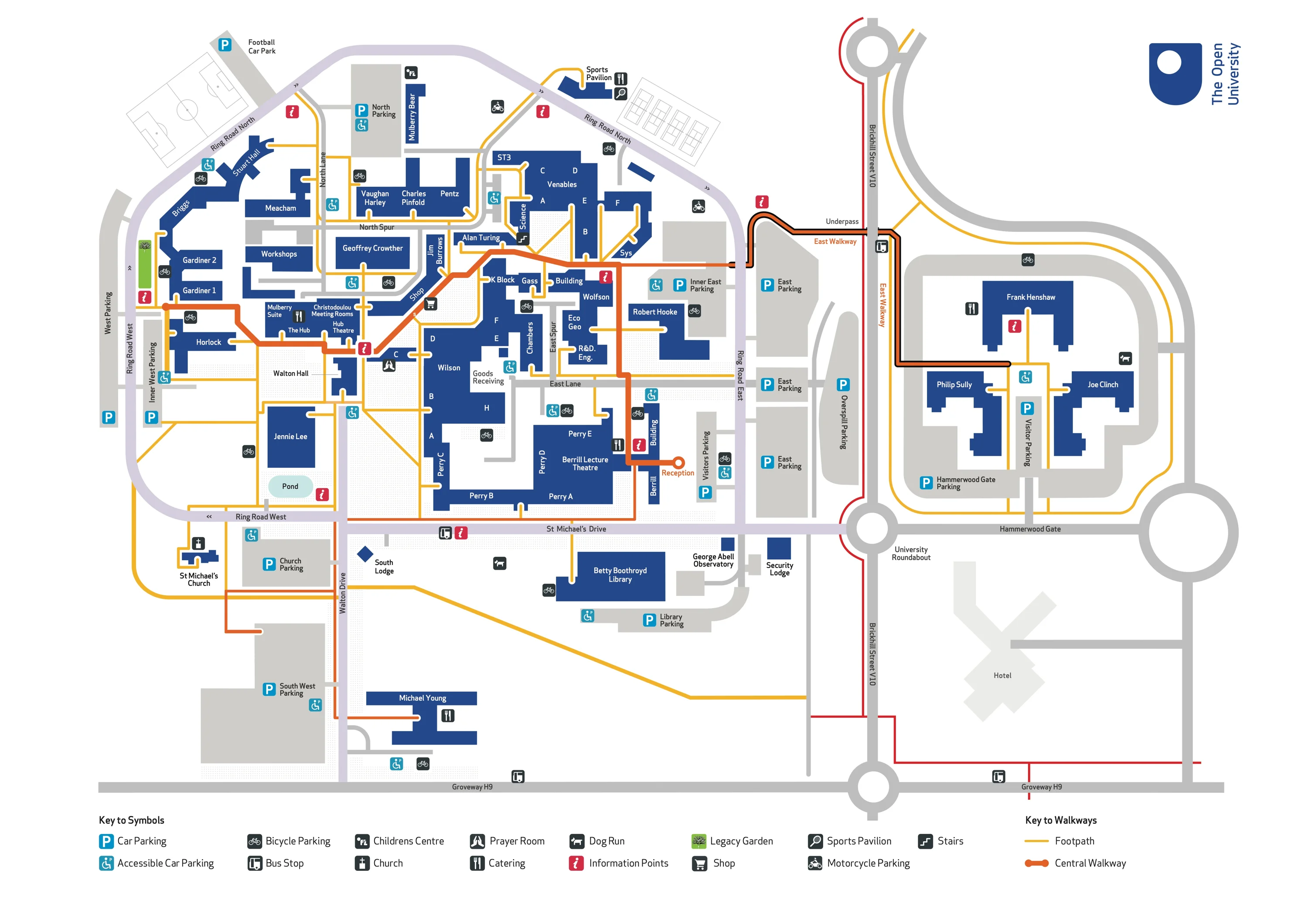 Open University Walton Hall campus map, with buildings, parking and accessible routes